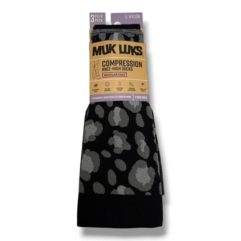 Muk Luks Women's 3 Pair Compression Knee High Socks Black Gray Leopard 8-15 mmHg